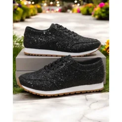 Women's Gold Glitter Lace-Up Sneakers with Comfortable Sole, Lightweight Design and Trendy Style for Parties, Casual Outfits and Festive Occasions