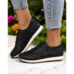 Women's Gold Glitter Lace-Up Sneakers with Comfortable Sole, Lightweight Design and Trendy Style for Parties, Casual Outfits and Festive Occasions