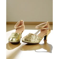 Women's Gold Glitter Latin Dance Shoes with Ankle Strap - Professional Ballroom Performance Heels for Ladies