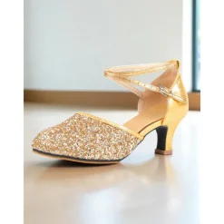 Women's Gold Glitter Latin Dance Shoes with Ankle Strap - Professional Ballroom Performance Heels for Ladies