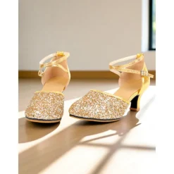 Women's Gold Glitter Latin Dance Shoes with Ankle Strap - Professional Ballroom Performance Heels for Ladies