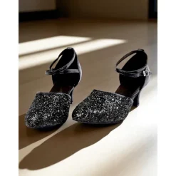 Women's Gold Glitter Latin Dance Shoes with Ankle Strap - Professional Ballroom Performance Heels for Ladies