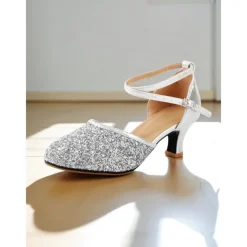 Women's Gold Glitter Latin Dance Shoes with Ankle Strap - Professional Ballroom Performance Heels for Ladies