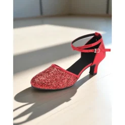 Women's Gold Glitter Latin Dance Shoes with Ankle Strap - Professional Ballroom Performance Heels for Ladies