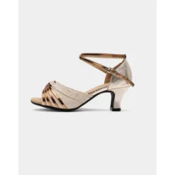 Women's Gold Glitter Low Heel Dance Sandals – Sparkly Latin Ballroom Shoes with Crisscross Straps for Adult Performers and Practice