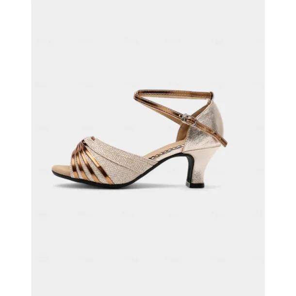 Women's Gold Glitter Low Heel Dance Sandals – Sparkly Latin Ballroom Shoes with Crisscross Straps for Adult Performers and Practice