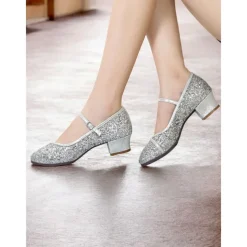 Women's Gold Glitter Mary Jane Dance Shoes – Low Block Heel Ballroom Shoes for Special Events and Performances