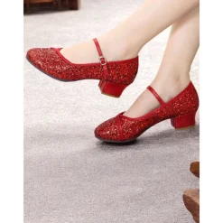 Women's Gold Glitter Mary Jane Dance Shoes – Low Block Heel Ballroom Shoes for Special Events and Performances