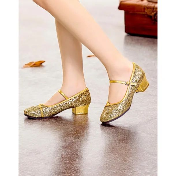 Women's Gold Glitter Mary Jane Dance Shoes – Low Block Heel Ballroom Shoes for Special Events and Performances