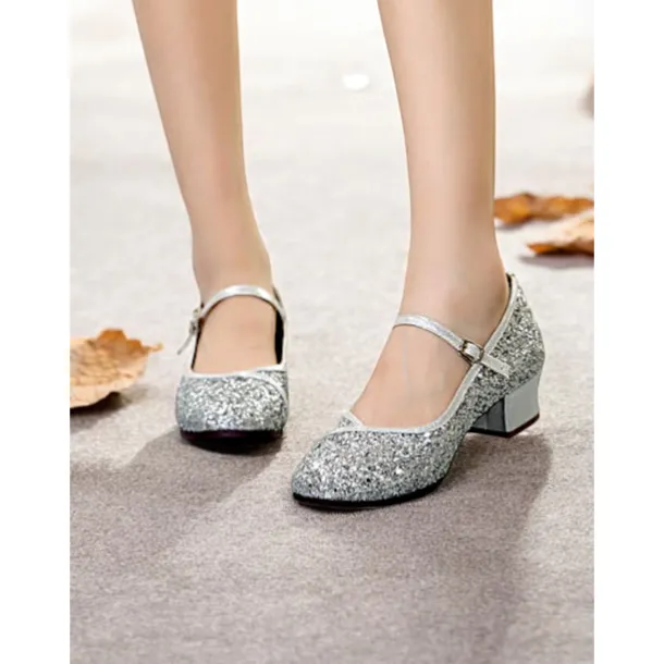 Women's Gold Glitter Mary Jane Dance Shoes – Low Block Heel Ballroom Shoes for Special Events and Performances