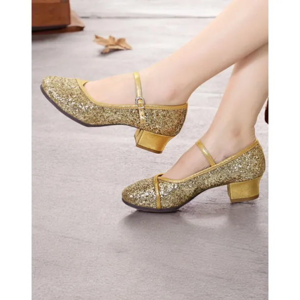 Women's Gold Glitter Mary Jane Dance Shoes – Low Block Heel Ballroom Shoes for Special Events and Performances