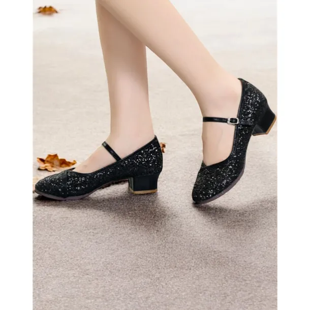 Women's Gold Glitter Mary Jane Dance Shoes – Low Block Heel Ballroom Shoes for Special Events and Performances