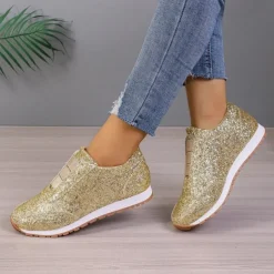 Women's Gold Glitter Slip-On Sneakers – Sparkly Casual Walking Shoes for Fashion & Everyday Wear