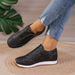 Women's Gold Glitter Slip-On Sneakers – Sparkly Casual Walking Shoes for Fashion & Everyday Wear