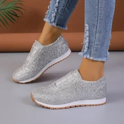 Women's Gold Glitter Slip-On Sneakers – Sparkly Casual Walking Shoes for Fashion & Everyday Wear