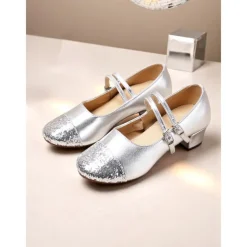 Women's Gold Glitter Toe Dance Shoes with Double Straps - Professional Low Heel Ballroom Latin Shoes for Performances and Dance Classes