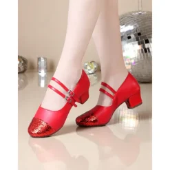 Women's Gold Glitter Toe Dance Shoes with Double Straps - Professional Low Heel Ballroom Latin Shoes for Performances and Dance Classes