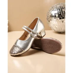 Women's Gold Glitter Toe Dance Shoes with Double Straps - Professional Low Heel Ballroom Latin Shoes for Performances and Dance Classes