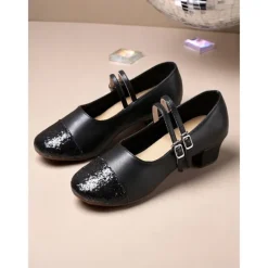 Women's Gold Glitter Toe Dance Shoes with Double Straps - Professional Low Heel Ballroom Latin Shoes for Performances and Dance Classes