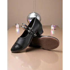 Women's Gold Glitter Toe Dance Shoes with Double Straps - Professional Low Heel Ballroom Latin Shoes for Performances and Dance Classes