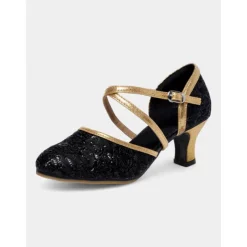 Women's Gold Lace Dance Shoes with Cross-Strap Design – Low Heel Ballroom and Latin Dance Pumps
