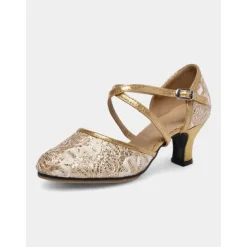 Women's Gold Lace Dance Shoes with Cross-Strap Design – Low Heel Ballroom and Latin Dance Pumps