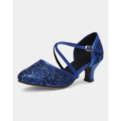 Women's Gold Lace Dance Shoes with Cross-Strap Design – Low Heel Ballroom and Latin Dance Pumps