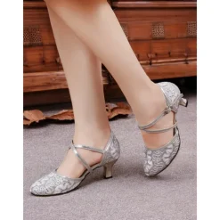 Women's Gold Lace Dance Shoes with Cross-Strap Design – Low Heel Ballroom and Latin Dance Pumps