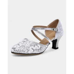 Women's Gold Lace Dance Shoes with Cross-Strap Design – Low Heel Ballroom and Latin Dance Pumps