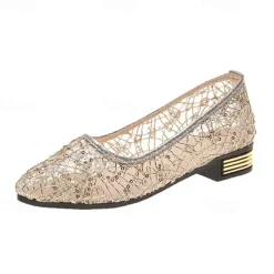 Women's Gold Lace Flats with Metallic Heel – Elegant Sequin Embellished Ballet Shoes for Weddings, Parties, and Formal Occasions