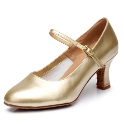 Women's Gold Latin Dance Shoes – Mary Jane Ballroom Heels with Suede Sole for Salsa & Performance