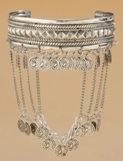 Women's Gold Layered Arm Cuff Bracelet with Leaf Charms - Boho Statement Jewelry for Parties and Festivals