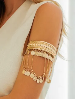 Women's Gold Layered Arm Cuff Bracelet with Leaf Charms - Boho Statement Jewelry for Parties and Festivals