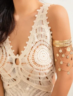 Women's Gold Layered Arm Cuff Bracelet with Leaf Charms - Boho Statement Jewelry for Parties and Festivals