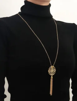 Women's Gold Long Pendant Necklace with Intricate Floral Design and Tassel Accent - Elegant Statement Jewelry for Casual and Formal Outfits