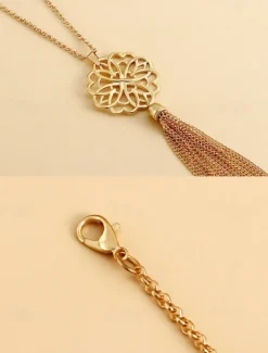 Women's Gold Long Pendant Necklace with Intricate Floral Design and Tassel Accent - Elegant Statement Jewelry for Casual and Formal Outfits