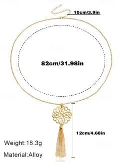 Women's Gold Long Pendant Necklace with Intricate Floral Design and Tassel Accent - Elegant Statement Jewelry for Casual and Formal Outfits