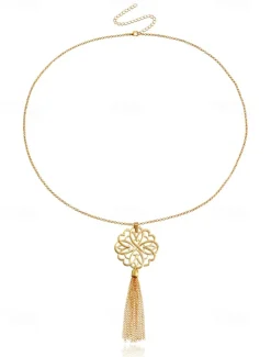 Women's Gold Long Pendant Necklace with Intricate Floral Design and Tassel Accent - Elegant Statement Jewelry for Casual and Formal Outfits