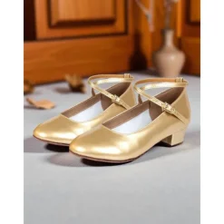 Women's Gold Low Heel Character Dance Shoes - Soft Sole Cross-Strap Professional Ballroom Practice Shoes for Latin and Jazz Performances