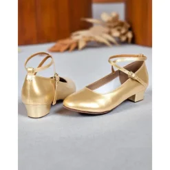 Women's Gold Low Heel Character Dance Shoes - Soft Sole Cross-Strap Professional Ballroom Practice Shoes for Latin and Jazz Performances