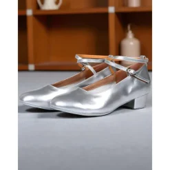 Women's Gold Low Heel Character Dance Shoes - Soft Sole Cross-Strap Professional Ballroom Practice Shoes for Latin and Jazz Performances