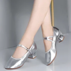 Women's Gold Low Heel Mary Jane Dance Shoes with Buckle Strap, Shiny Soft Faux Leather Ballroom Pumps for Latin Practice, Wedding, and Stage Performance