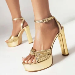 Women's Gold Platform High Heel Sandals – Metallic Strappy Peep-Toe Party Shoes with Chunky Block Heels for Evening & Wedding