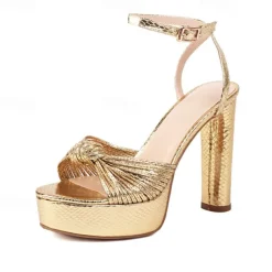 Women's Gold Platform High Heel Sandals – Metallic Strappy Peep-Toe Party Shoes with Chunky Block Heels for Evening & Wedding