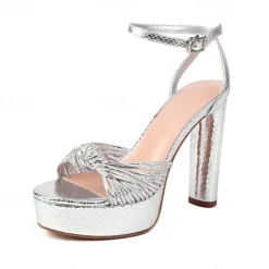 Women's Gold Platform High Heel Sandals – Metallic Strappy Peep-Toe Party Shoes with Chunky Block Heels for Evening & Wedding