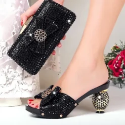 Women's Gold Rhinestone-Embellished Heels with Matching Clutch Bag – Elegant Open-Toe Sandals for Weddings & Special Occasions