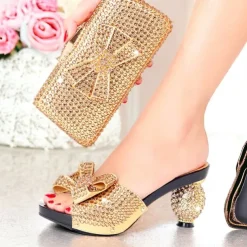 Women's Gold Rhinestone-Embellished Heels with Matching Clutch Bag – Elegant Open-Toe Sandals for Weddings & Special Occasions