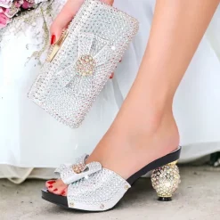 Women's Gold Rhinestone-Embellished Heels with Matching Clutch Bag – Elegant Open-Toe Sandals for Weddings & Special Occasions