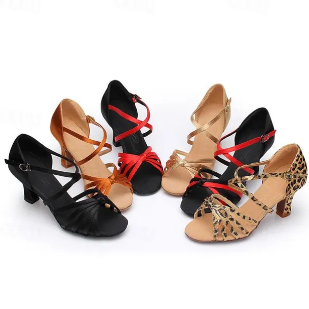 Women's Gold Satin Strappy Dance Shoes, Open-Toe Ballroom Shoes for Latin and Salsa Dance Performances