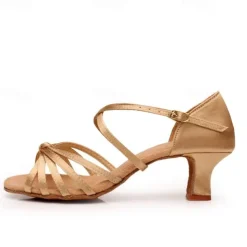 Women's Gold Satin Strappy Dance Shoes, Open-Toe Ballroom Shoes for Latin and Salsa Dance Performances